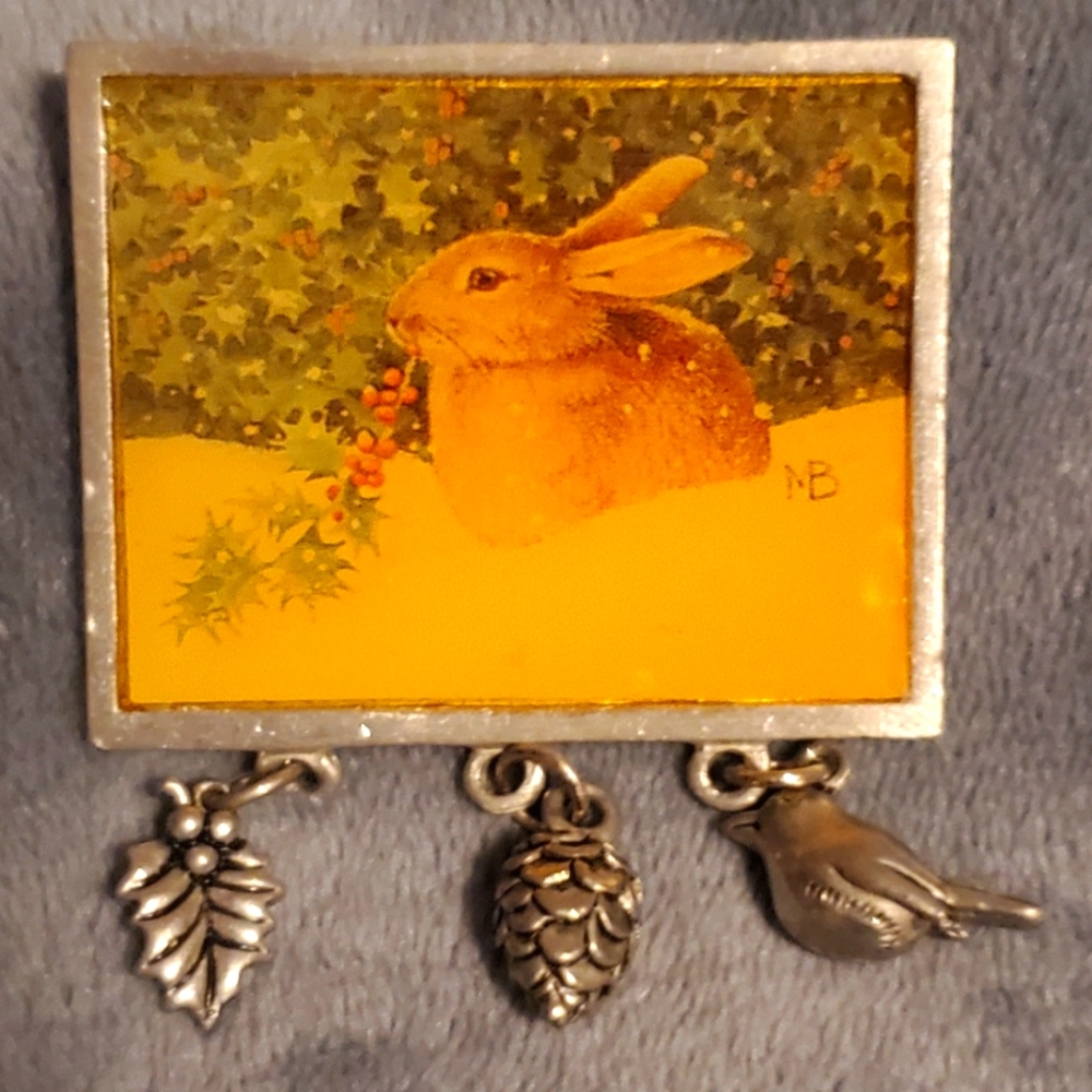 Pewter Designer signed Bunny brooch